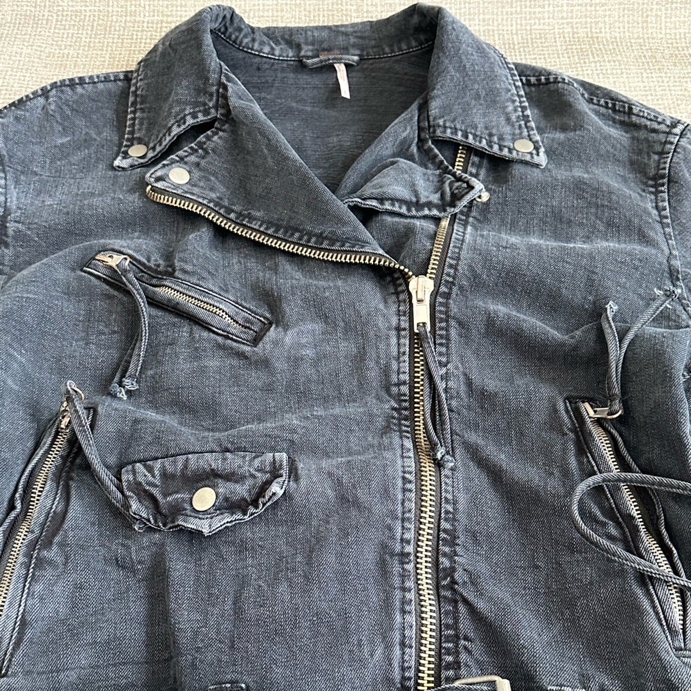 Free People Oversized Moto Jacket Black Denim Belted Lace Up Small Boho Biker - Picture 7 of 15